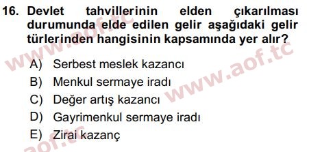 2016 Türk Vergi Sistemi Arasınav 16. Çıkmış Sınav Sorusu