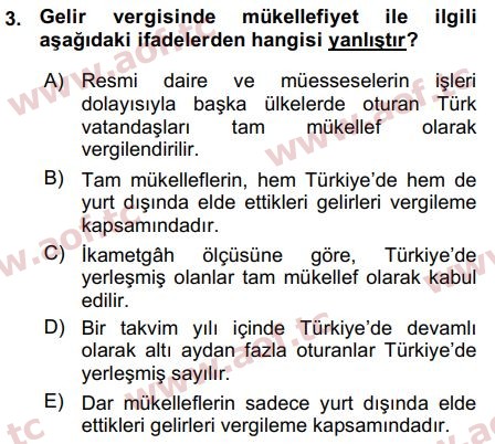 2016 Türk Vergi Sistemi Arasınav 3. Çıkmış Sınav Sorusu