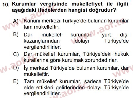 2016 Türk Vergi Sistemi Final 10. Çıkmış Sınav Sorusu