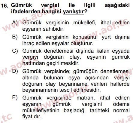 2016 Türk Vergi Sistemi Final 16. Çıkmış Sınav Sorusu