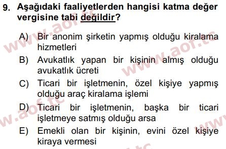 2016 Türk Vergi Sistemi Final 9. Çıkmış Sınav Sorusu