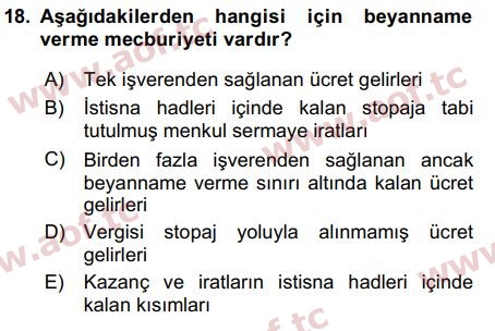 2017 Türk Vergi Sistemi Arasınav 18. Çıkmış Sınav Sorusu