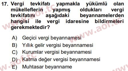 2018 Türk Vergi Sistemi Arasınav 17. Çıkmış Sınav Sorusu