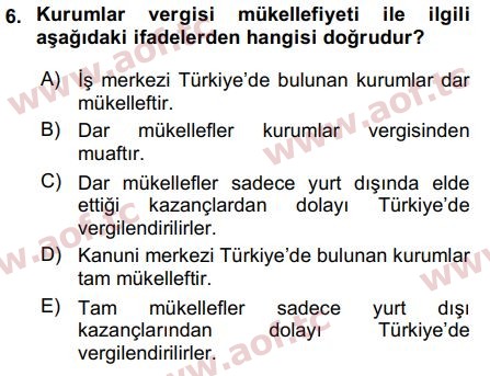 2018 Türk Vergi Sistemi Final 6. Çıkmış Sınav Sorusu