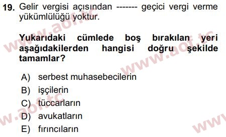 2019 Türk Vergi Sistemi Arasınav 19. Çıkmış Sınav Sorusu
