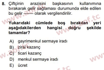 2019 Türk Vergi Sistemi Arasınav 8. Çıkmış Sınav Sorusu