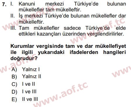 2019 Türk Vergi Sistemi Final 7. Çıkmış Sınav Sorusu