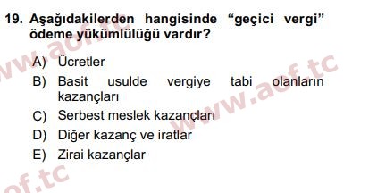 2020 Türk Vergi Sistemi Arasınav 19. Çıkmış Sınav Sorusu