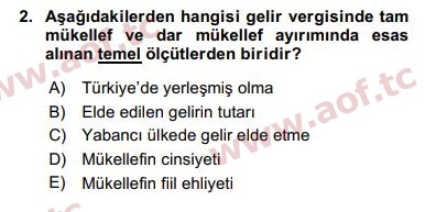 2020 Türk Vergi Sistemi Arasınav 2. Çıkmış Sınav Sorusu