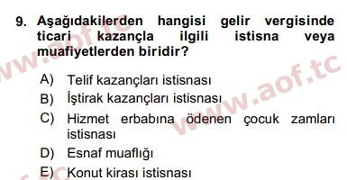 2020 Türk Vergi Sistemi Arasınav 9. Çıkmış Sınav Sorusu