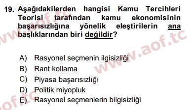 2019 Kamu Maliyesi Arasınav 19. Çıkmış Sınav Sorusu