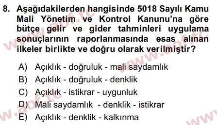 2019 Devlet Bütçesi Arasınav 8. Çıkmış Sınav Sorusu