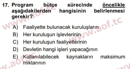 2020 Devlet Bütçesi Arasınav 17. Çıkmış Sınav Sorusu