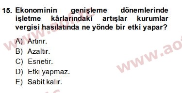 2015 Maliye Politikası Arasınav 15. Çıkmış Sınav Sorusu