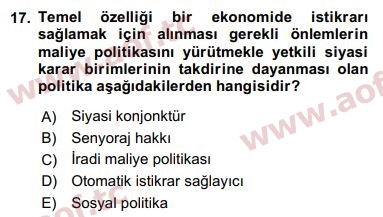 2017 Maliye Politikası Arasınav 17. Çıkmış Sınav Sorusu