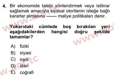 2019 Maliye Politikası Final 4. Çıkmış Sınav Sorusu