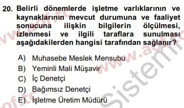 2017 Genel Muhasebe 1 Yaz Okulu 20. Çıkmış Sınav Sorusu