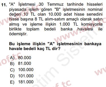 2018 Genel Muhasebe 1 Yaz Okulu 11. Çıkmış Sınav Sorusu