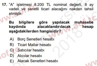 2018 Genel Muhasebe 1 Yaz Okulu 17. Çıkmış Sınav Sorusu