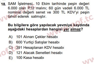 2018 Genel Muhasebe 1 Yaz Okulu 18. Çıkmış Sınav Sorusu