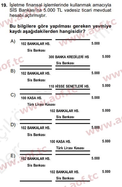 2018 Genel Muhasebe 1 Yaz Okulu 19. Çıkmış Sınav Sorusu
