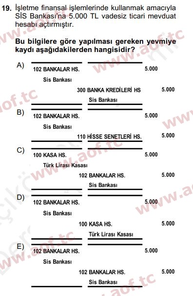 2018 Genel Muhasebe 1 Yaz Okulu 19. Çıkmış Sınav Sorusu