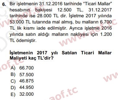 2018 Genel Muhasebe 1 Yaz Okulu 6. Çıkmış Sınav Sorusu