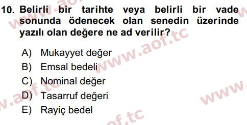 2016 Genel Muhasebe 2 Arasınav 10. Çıkmış Sınav Sorusu