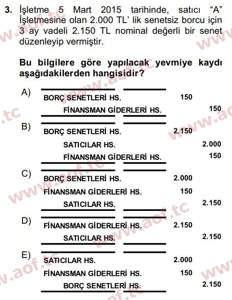 2016 Genel Muhasebe 2 Arasınav 3. Çıkmış Sınav Sorusu