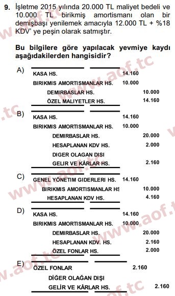 2016 Genel Muhasebe 2 Arasınav 9. Çıkmış Sınav Sorusu