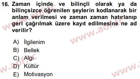 2018 Tüketici Davranışları Arasınav 16. Çıkmış Sınav Sorusu