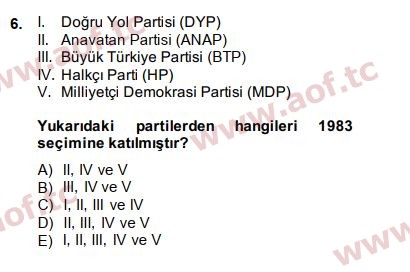 2015 Türk Siyasal Hayatı Final 6. Çıkmış Sınav Sorusu