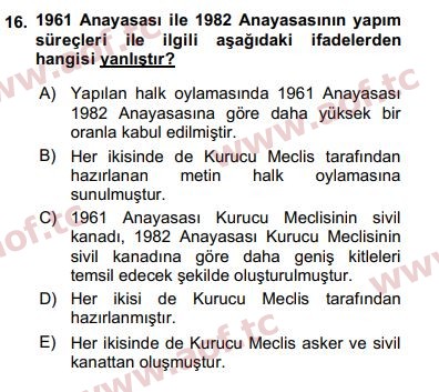 2016 Türk Siyasal Hayatı Arasınav 16. Çıkmış Sınav Sorusu