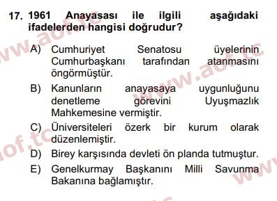 2016 Türk Siyasal Hayatı Arasınav 17. Çıkmış Sınav Sorusu