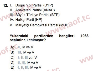 2017 Türk Siyasal Hayatı Arasınav 12. Çıkmış Sınav Sorusu