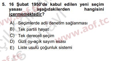 2017 Türk Siyasal Hayatı Yaz Okulu 5. Çıkmış Sınav Sorusu