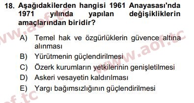 2018 Türk Siyasal Hayatı Arasınav 18. Çıkmış Sınav Sorusu