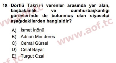 2019 Türk Siyasal Hayatı Arasınav 18. Çıkmış Sınav Sorusu