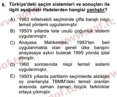 2019 Türk Siyasal Hayatı Arasınav 6. Çıkmış Sınav Sorusu