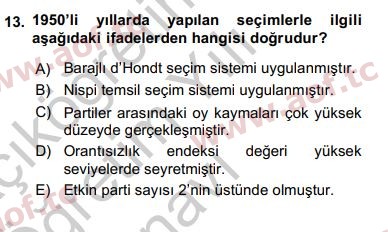 2019 Türk Siyasal Hayatı Yaz Okulu 13. Çıkmış Sınav Sorusu