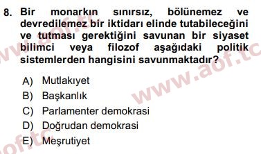 2017 Siyaset Bilimi Arasınav 8. Çıkmış Sınav Sorusu