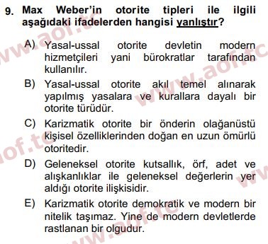 2017 Siyaset Bilimi Arasınav 9. Çıkmış Sınav Sorusu