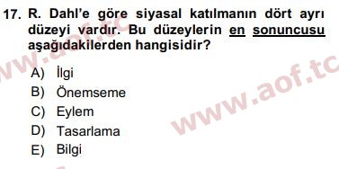 2019 Siyaset Bilimi Arasınav 17. Çıkmış Sınav Sorusu