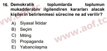 2020 Siyaset Bilimi Arasınav 16. Çıkmış Sınav Sorusu