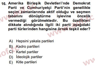 2020 Siyaset Bilimi Final 16. Çıkmış Sınav Sorusu