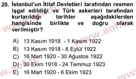 2016 Atatürk İlkeleri ve İnkılap Tarihi 1 Final 20. Çıkmış Sınav Sorusu