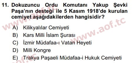 2017 Atatürk İlkeleri ve İnkılap Tarihi 1 Final 11. Çıkmış Sınav Sorusu