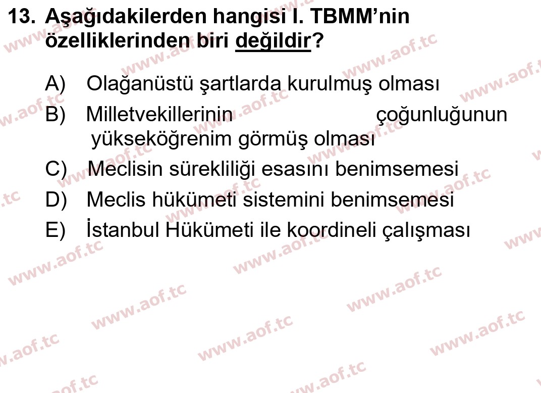  2022 Atatürk İlkeleri ve İnkılap Tarihi 1 Arasınav 13. Çıkmış Sınav Sorusu