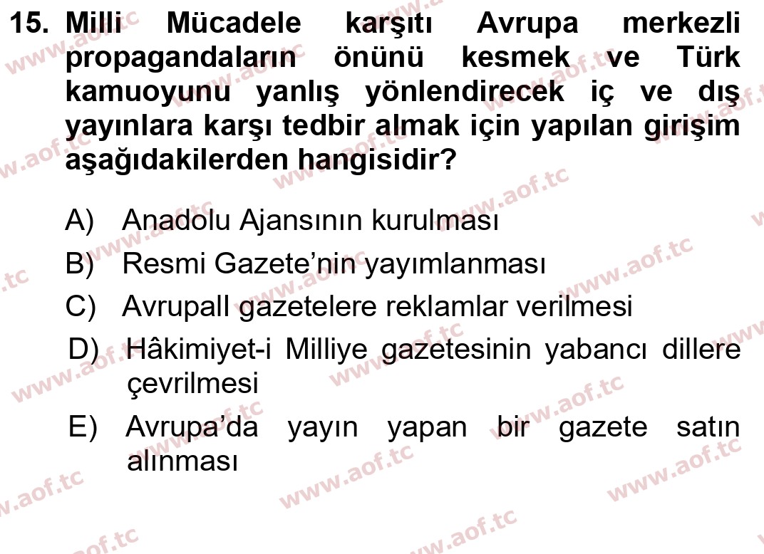  2022 Atatürk İlkeleri ve İnkılap Tarihi 1 Arasınav 15. Çıkmış Sınav Sorusu