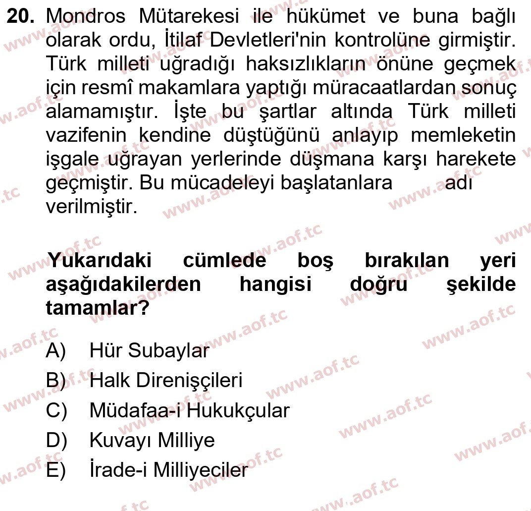  2022 Atatürk İlkeleri ve İnkılap Tarihi 1 Arasınav 20. Çıkmış Sınav Sorusu